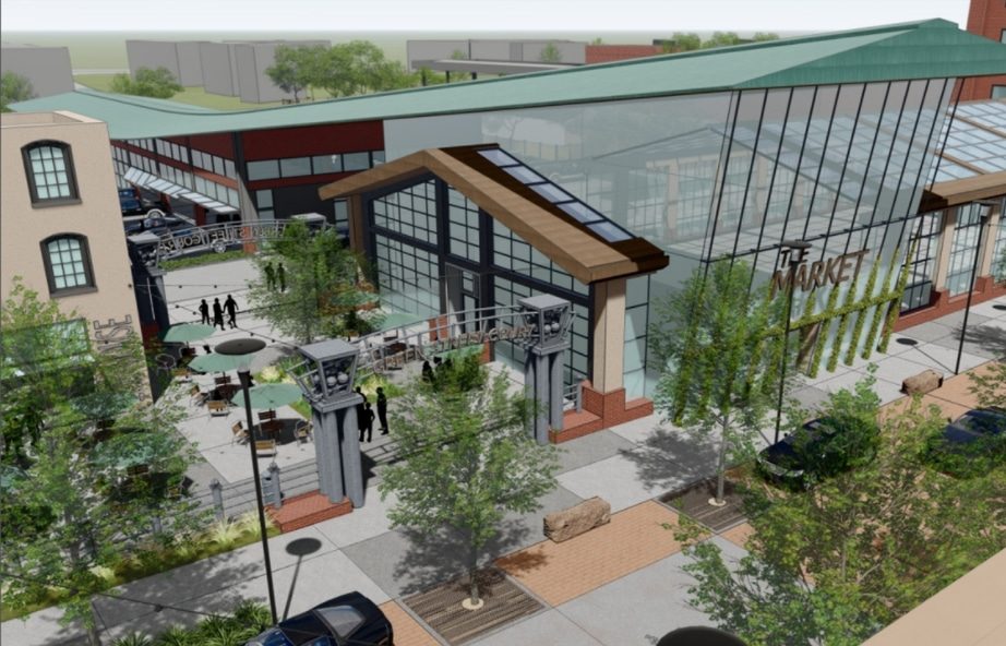 Rendering of outdoor plaza and enclosed marketplace